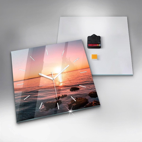 Square glass wall clock Rocks at sunset