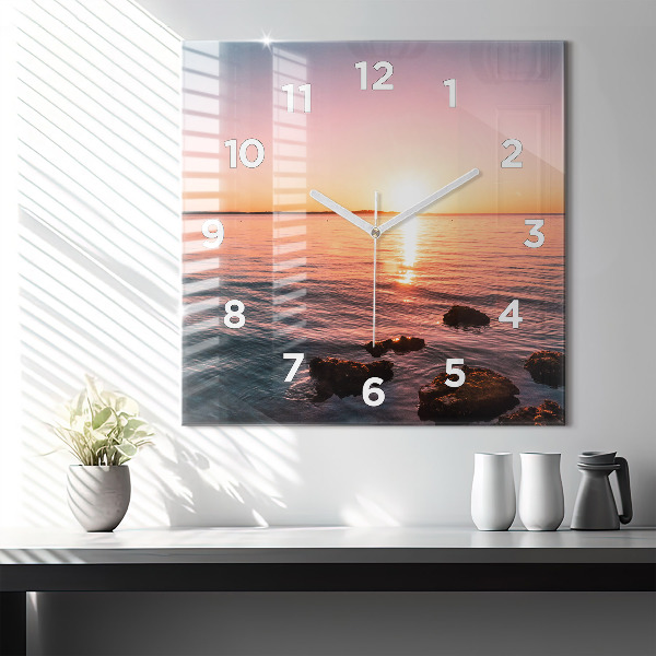 Square glass wall clock Rocks at sunset