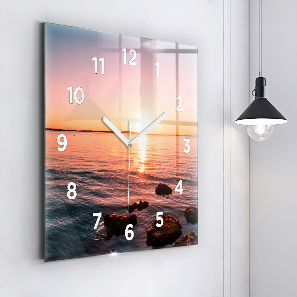 Square glass wall clock Rocks at sunset