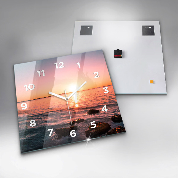 Square glass wall clock Rocks at sunset