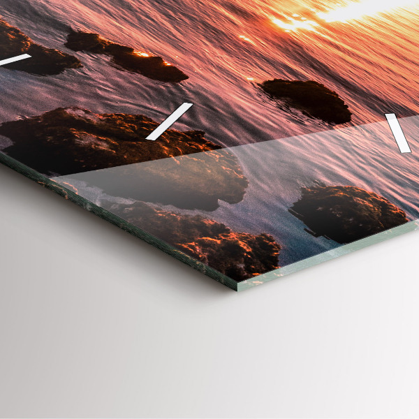 Square glass wall clock Rocks at sunset