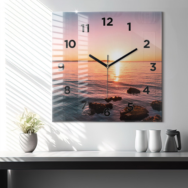 Square glass wall clock Rocks at sunset