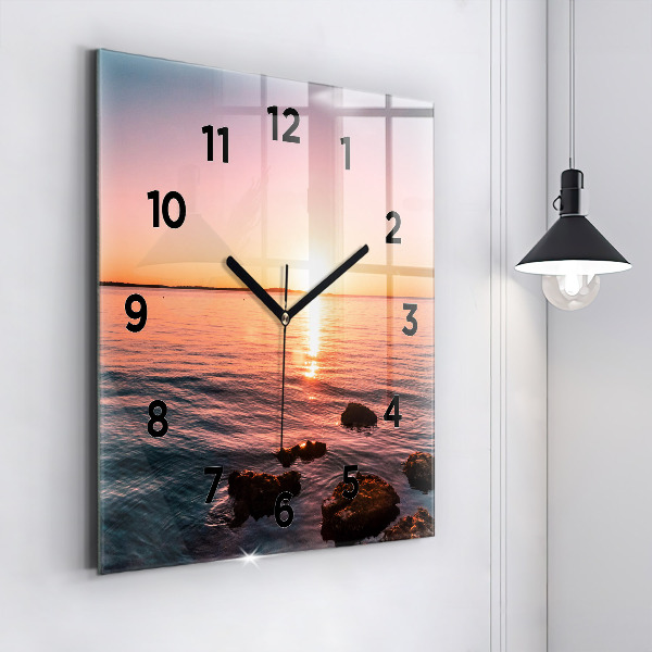 Square glass wall clock Rocks at sunset