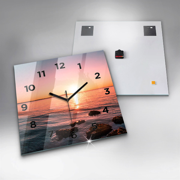 Square glass wall clock Rocks at sunset