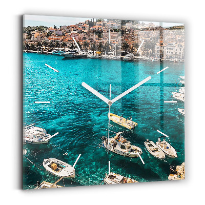 Square glass wall clock Boats in Croatia