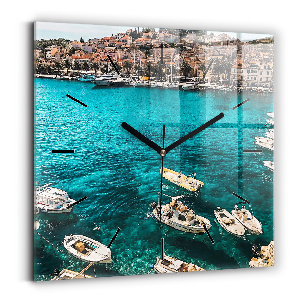 Square glass wall clock Boats in Croatia