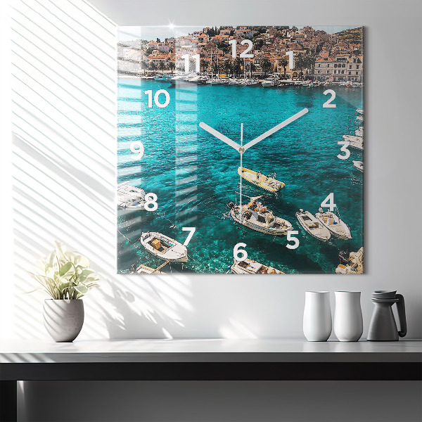 Square glass wall clock Boats in Croatia