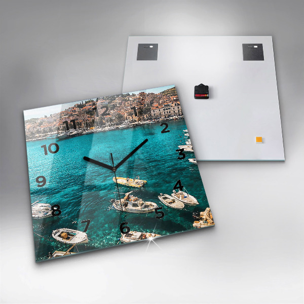 Square glass wall clock Boats in Croatia