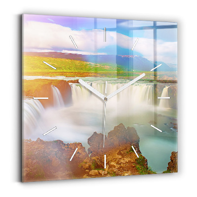 Square glass wall clock Godafoss in Iceland