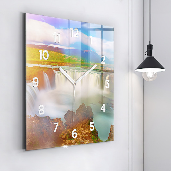 Square glass wall clock Godafoss in Iceland