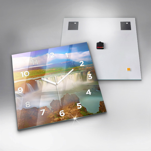 Square glass wall clock Godafoss in Iceland