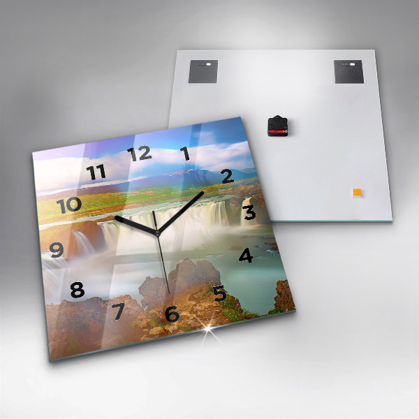 Square glass wall clock Godafoss in Iceland