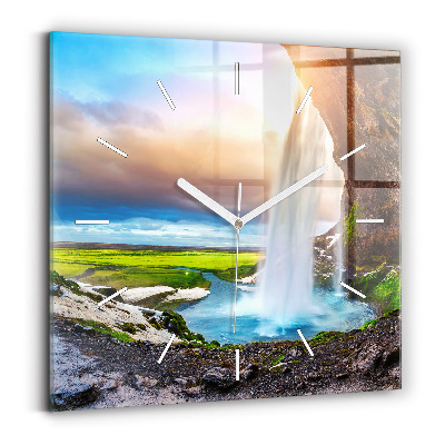 Square glass wall clock Waterfall in Iceland