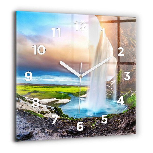 Square glass wall clock Waterfall in Iceland