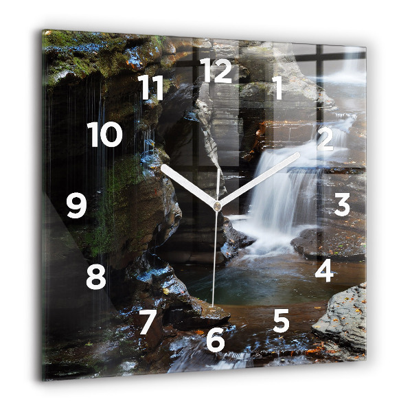 Square glass wall clock Waterfall and rocks of Iceland
