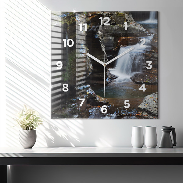 Square glass wall clock Waterfall and rocks of Iceland