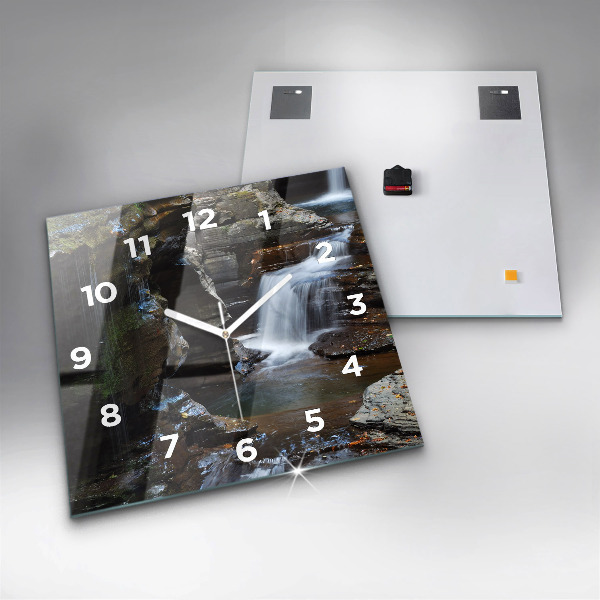 Square glass wall clock Waterfall and rocks of Iceland