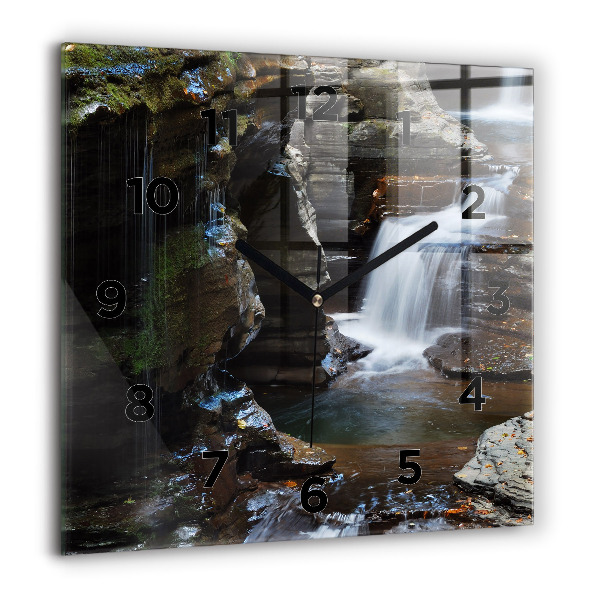 Square glass wall clock Waterfall and rocks of Iceland
