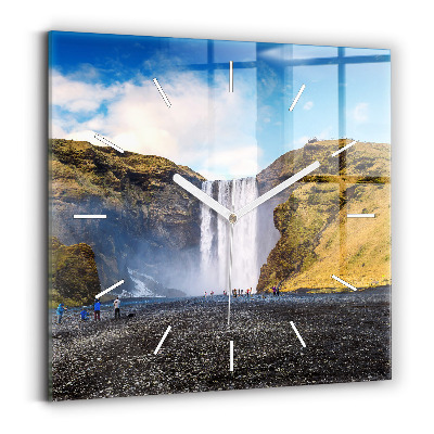 Square glass wall clock Waterfall in Iceland