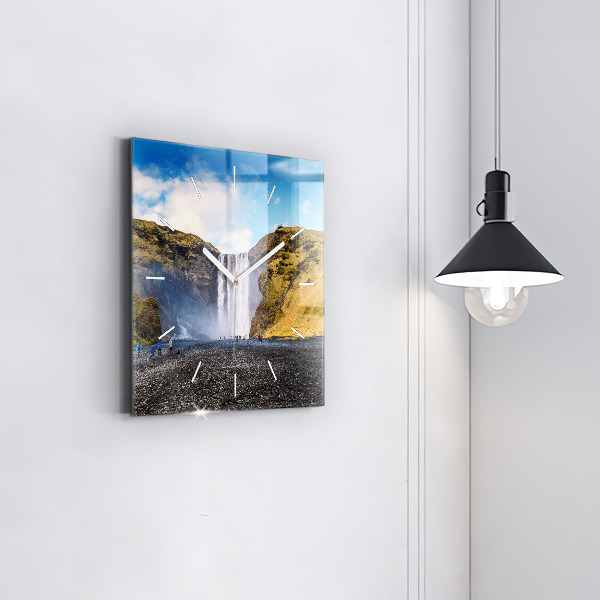 Square glass wall clock Waterfall in Iceland