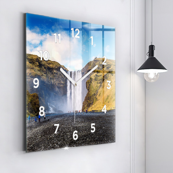Square glass wall clock Waterfall in Iceland