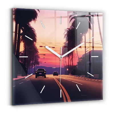 Square glass wall clock Sunset in LA