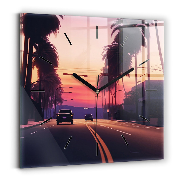 Square glass wall clock Sunset in LA