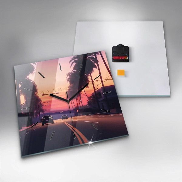 Square glass wall clock Sunset in LA