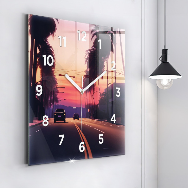 Square glass wall clock Sunset in LA