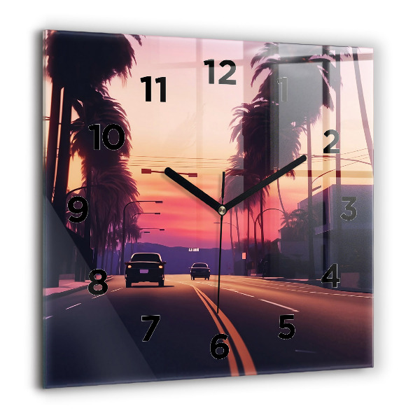 Square glass wall clock Sunset in LA