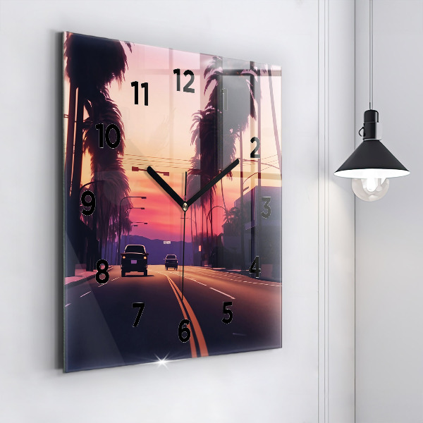 Square glass wall clock Sunset in LA