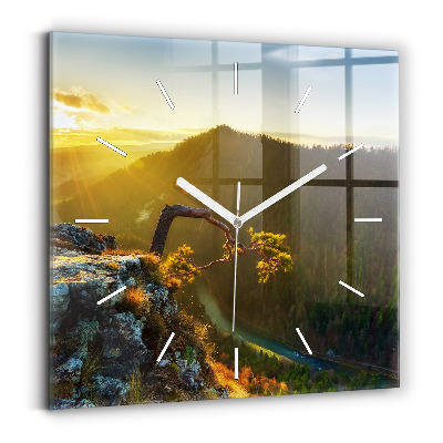 Square glass wall clock Sunset over the mountains