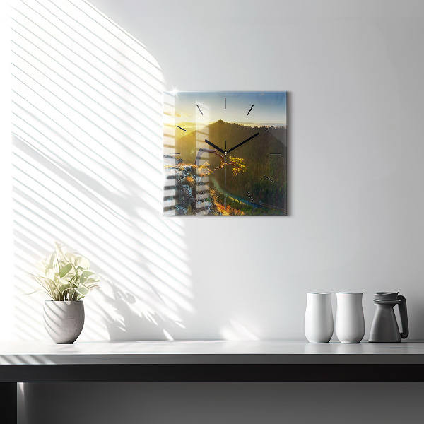 Square glass wall clock Sunset over the mountains