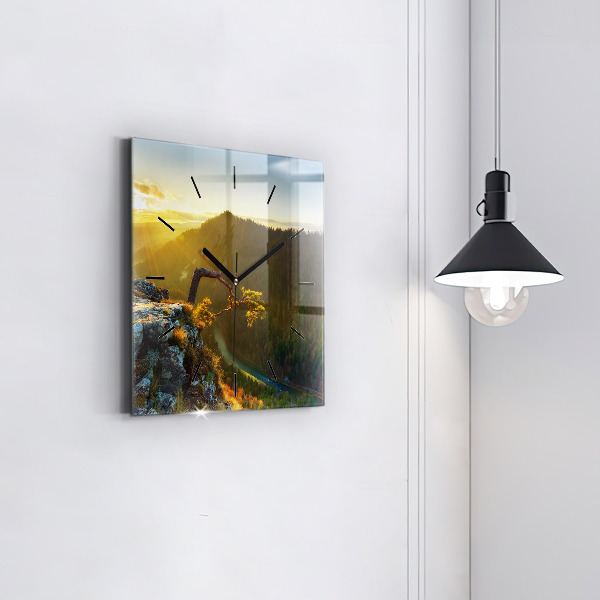 Square glass wall clock Sunset over the mountains