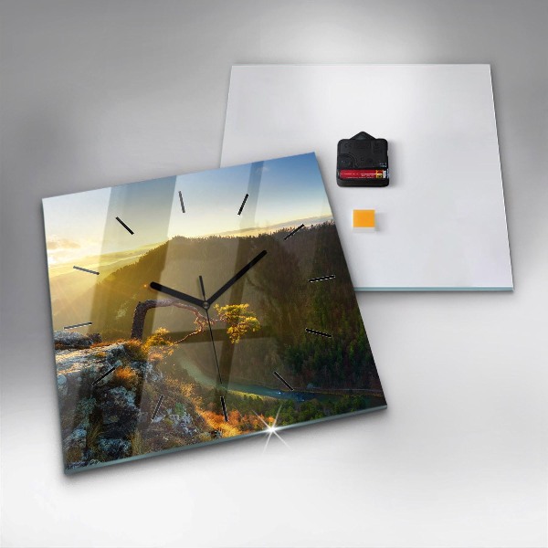 Square glass wall clock Sunset over the mountains