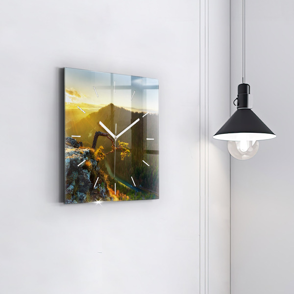 Square glass wall clock Sunset over the mountains