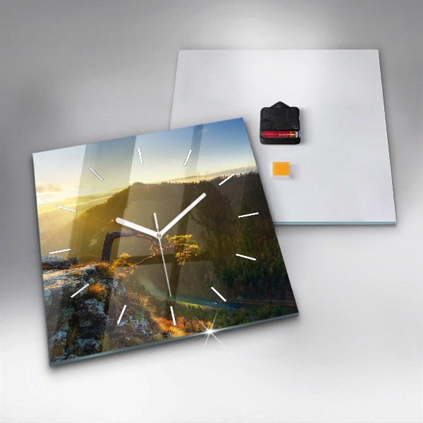 Square glass wall clock Sunset over the mountains