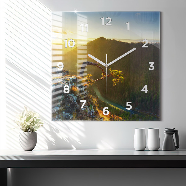 Square glass wall clock Sunset over the mountains
