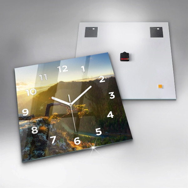 Square glass wall clock Sunset over the mountains