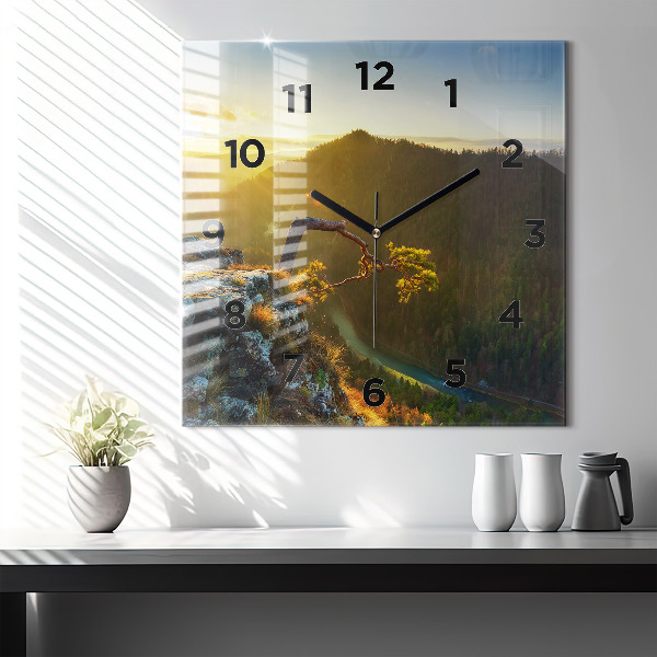 Square glass wall clock Sunset over the mountains
