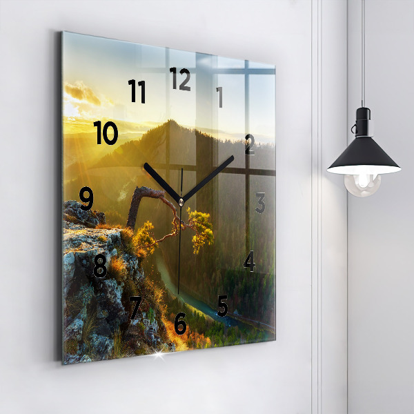 Square glass wall clock Sunset over the mountains