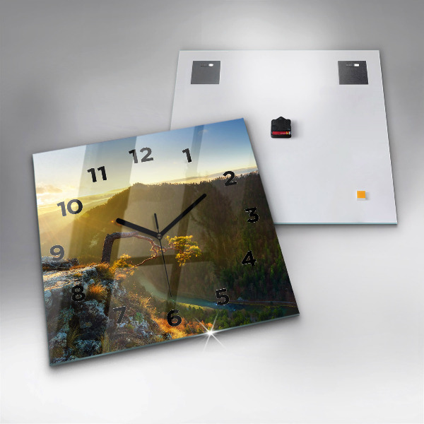 Square glass wall clock Sunset over the mountains