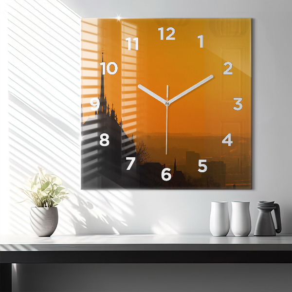 Square glass wall clock View of the Brno Cathedral