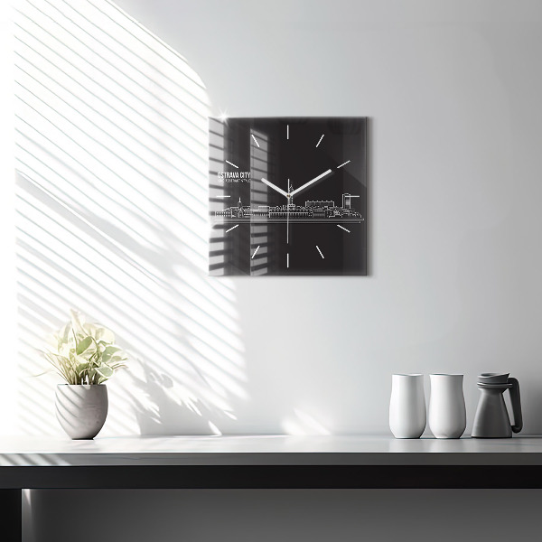 Square glass wall clock City of Ostrava drawing