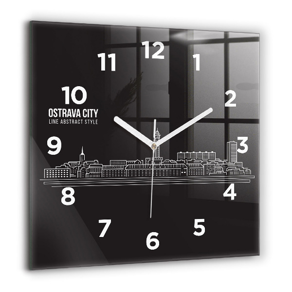 Square glass wall clock City of Ostrava drawing