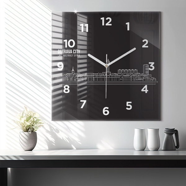 Square glass wall clock City of Ostrava drawing