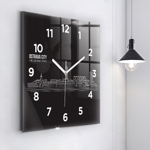 Square glass wall clock City of Ostrava drawing