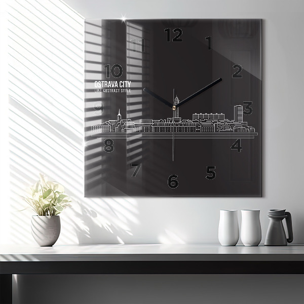 Square glass wall clock City of Ostrava drawing