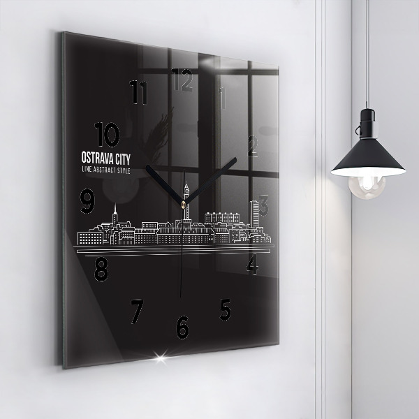 Square glass wall clock City of Ostrava drawing