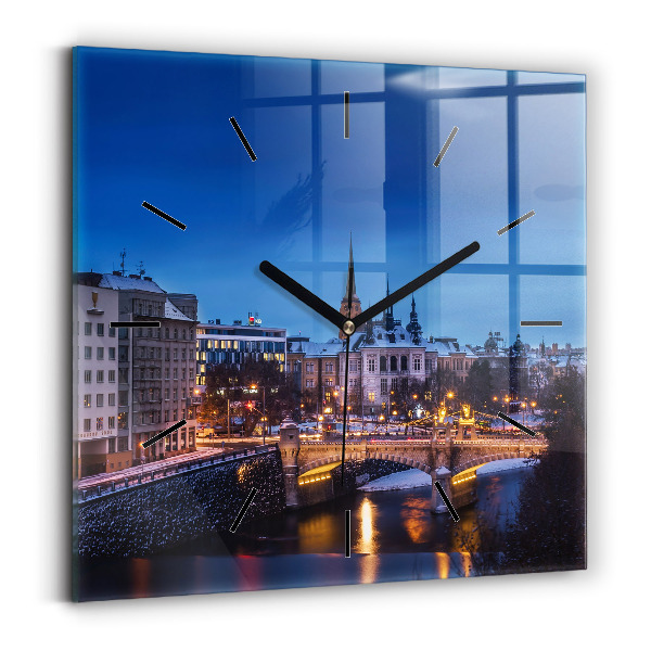 Square glass wall clock Panorama of the city of Pilsen